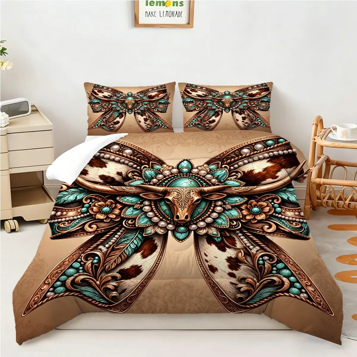 Boho Turquoise Cow Print Comforter Set, 2/3 Pcs No Pillow Core, All‑Weather Comfortable Decorative Cozy Bedding Set, Ideal for Guest Bedroom, Cottage Room, Desert Lodge, Holiday Gift, Trendy Southwestern Cowgirl Room Styling