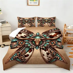 Boho Turquoise Cow Print Comforter Set, 2/3 Pcs No Pillow Core, All‑Weather Comfortable Bedding Set, Ideal for Guest Bedroom, Cottage Room, Desert Lodge, Holiday Gift, Trendy Southwestern Cowgirl Room Styling