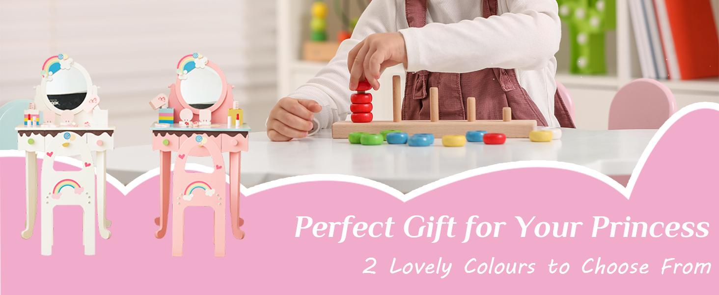 Karlhome Kids Vanity Table and Chair Set, Princess Toddler Dressing Table with 7pcs Multiple Make up Accessories 3 Drawers & Tabletop Storage, Wooden Pretend Play Vanity Set for Little Girls