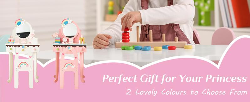 Karlhome Kids Vanity Table and Chair Set, Princess Toddler Dressing Table with 7pcs Multiple Make up Accessories 3 Drawers & Tabletop Storage, Wooden Pretend Play Vanity Set for Little Girls