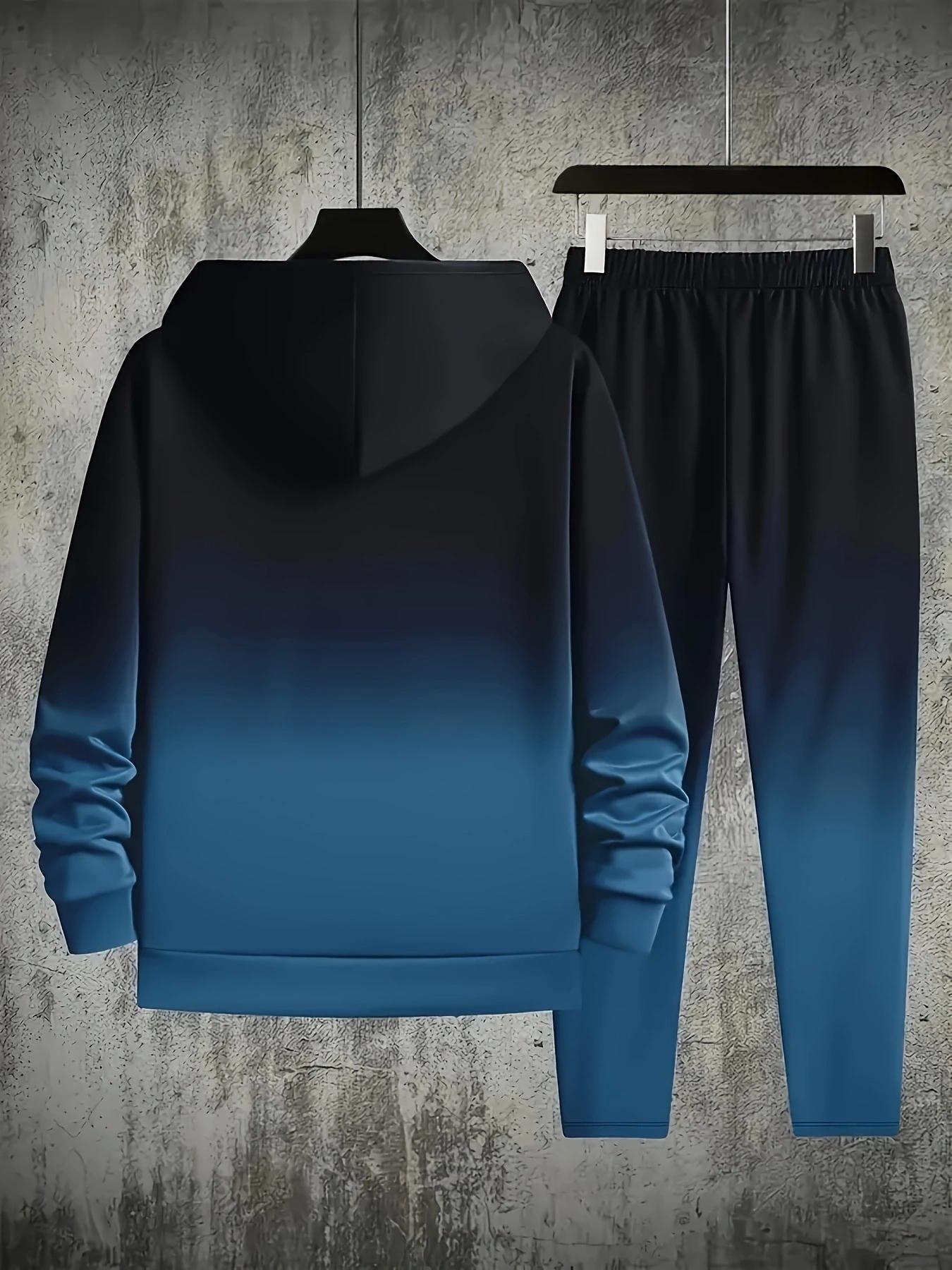 2-pack Men's Casual Suit, Gradient Blue and Black, Letter Print Hoodie and Sweatpants, Autumn and Winter Fashion