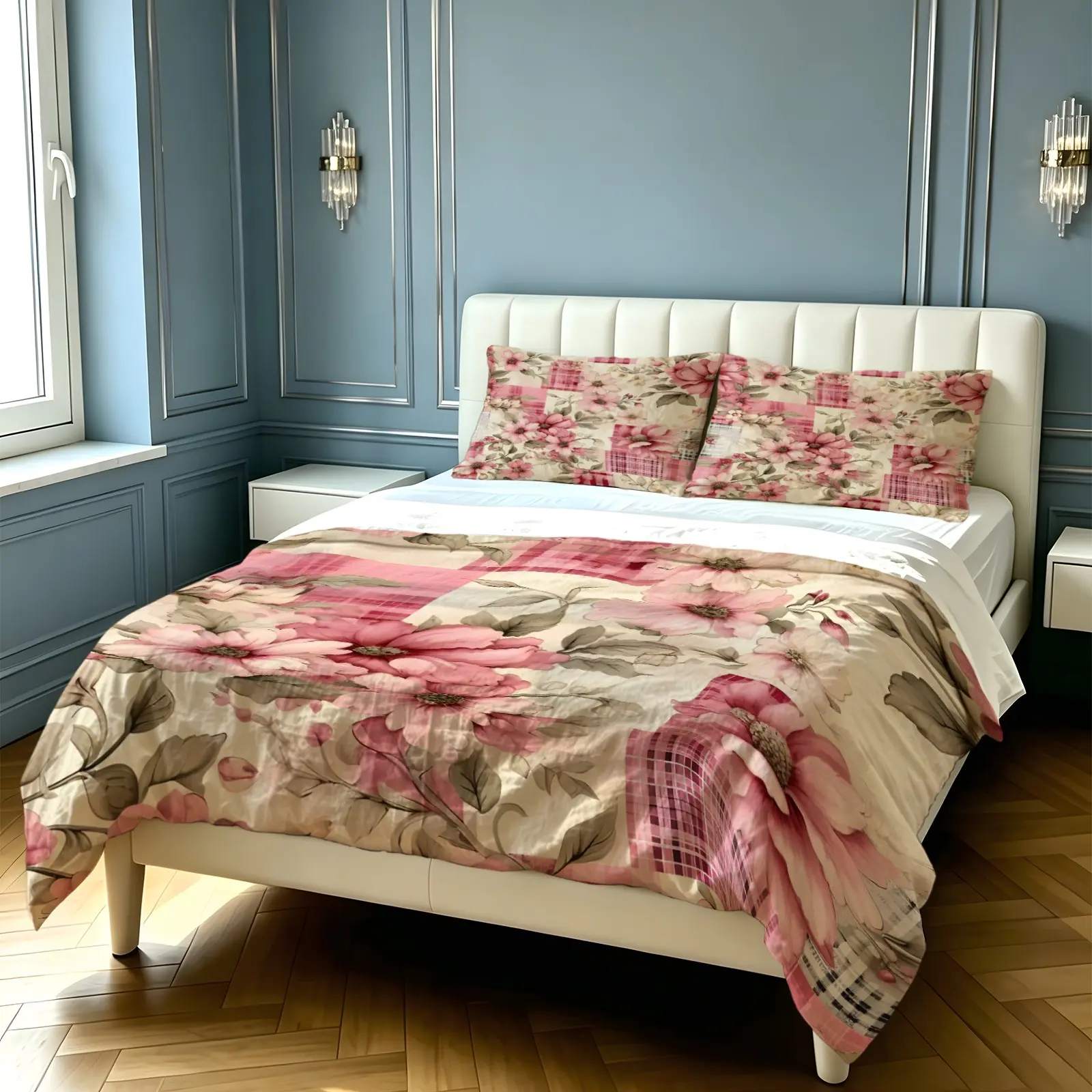 2/3pcs Cottage Floral Gingham Patchwork Digital Print Duvet Cover Set, No Filler Soft Microfiber Comforter Cover Bedding Set with Pillowcases, Vintage Country Style Bed Set for Girls Adult Bedroom Dorm, All Season Home Decor Gift
