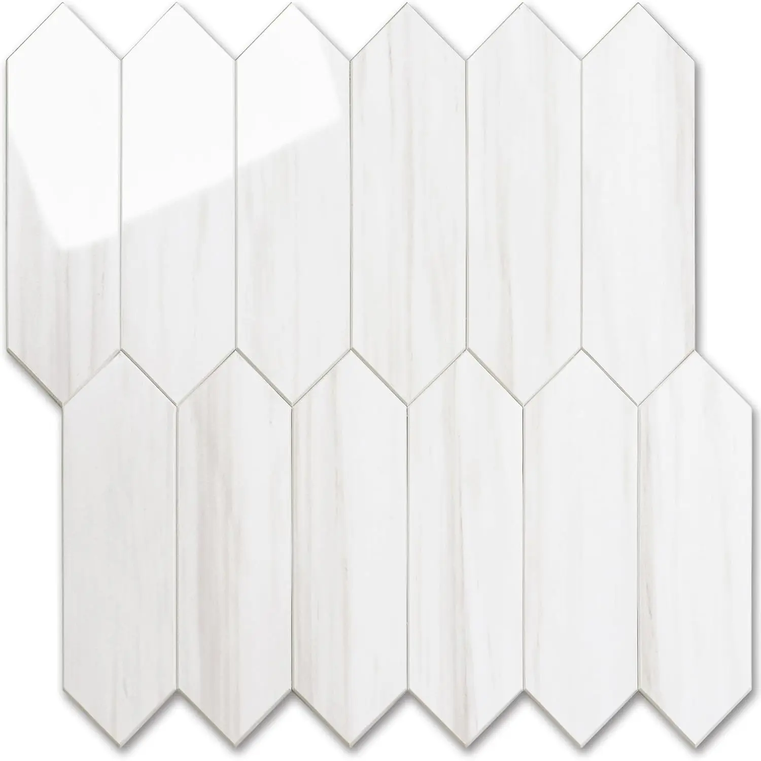 Peel-and-Stick Glossy Dolomite White PVC Tile Backsplash Sheet Pack - 12.8x12.8 Inch Long Hexagon Mosaic Pattern, Indoor Use for Kitchen, Bathroom (1 Sheet)