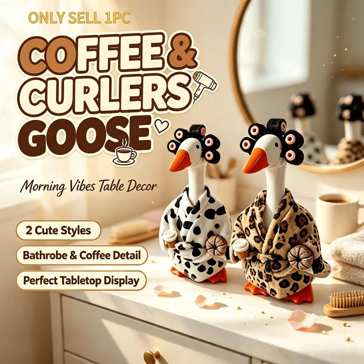 3-Piece Fun Home Decor Set for Mini Goose, Decorative Piece, Cow Print Plush Robe + Hair Roll Accessory + Mini Coffee Cup Prop, 7-Inch Mini Goose Decoration
