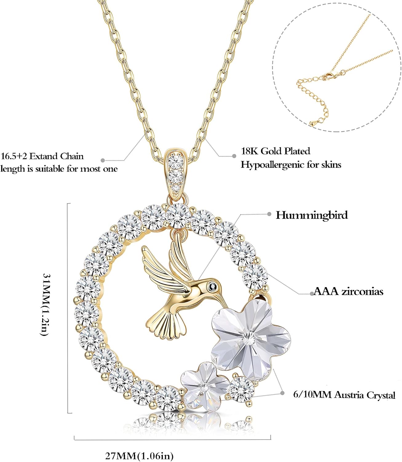 CASSIECA Gold Plated Hummingbird Pendant Necklace for Women Circle Necklace  Animal Necklace Crystals from Austria Jewelry Gifts for Mom Girlfriend
