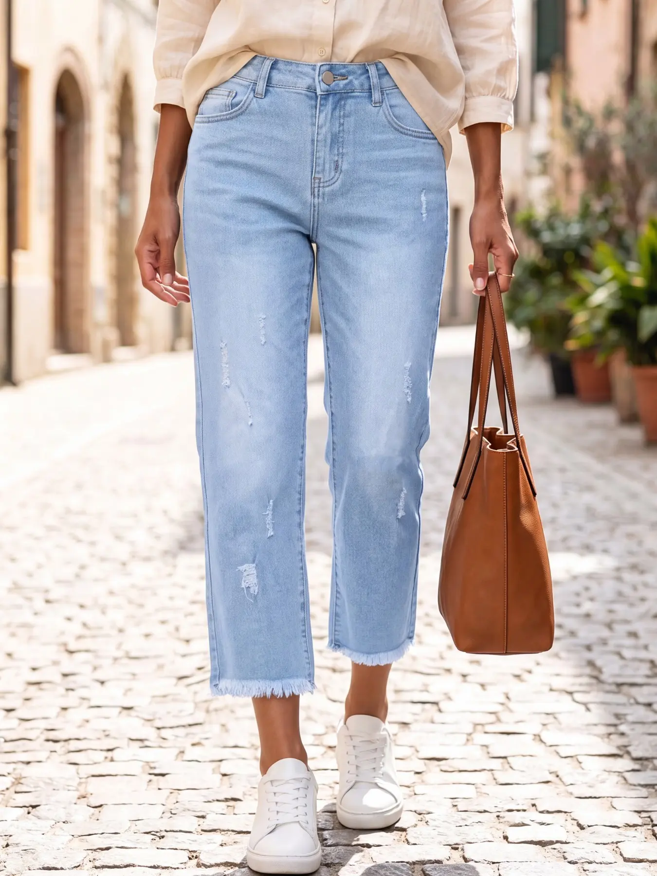 High Waist Fitted Jeans, Light Washed Straight Leg 8-Part Pants, Soft Stretch Denim, Subtle Rips, Flattering Fit, All Seasons Wear