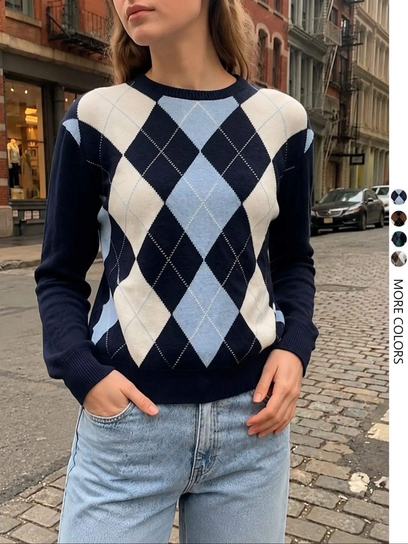 Women's Autumn Winter New Color Block Knit Sweater, Pullover Round Neck Long Sleeve with Argyle Diamond Jacquard Pattern, Cozy Fashion Jumper for Ladies