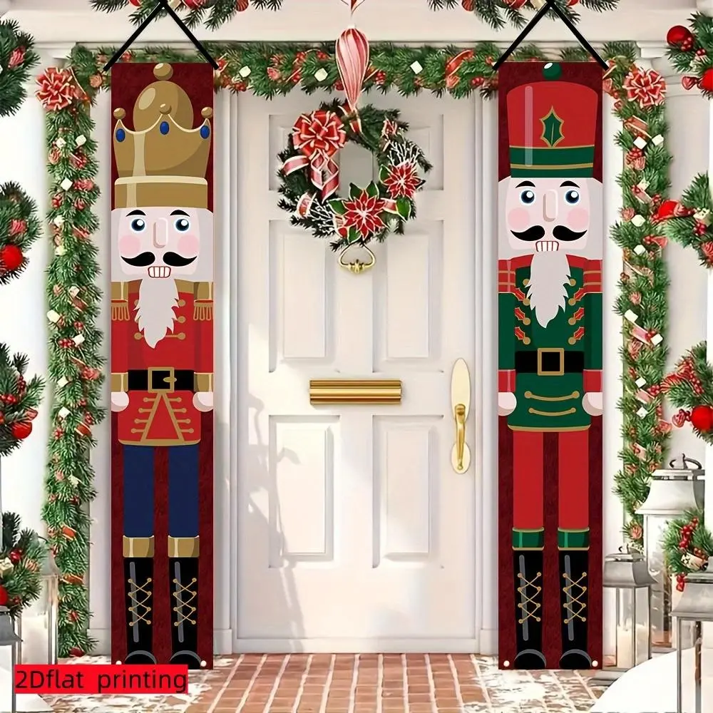 2PC 2D Flat Christmas Nutcracker Soldier Porch Door Banner, Holiday Themed Decorative Hanging Flag, Suitable for Front Door, Porch, Window Display, Party Backdrop, Yard Outdoor & Store Atmosphere Layout, Indoor & Outdoor Use, Polyester