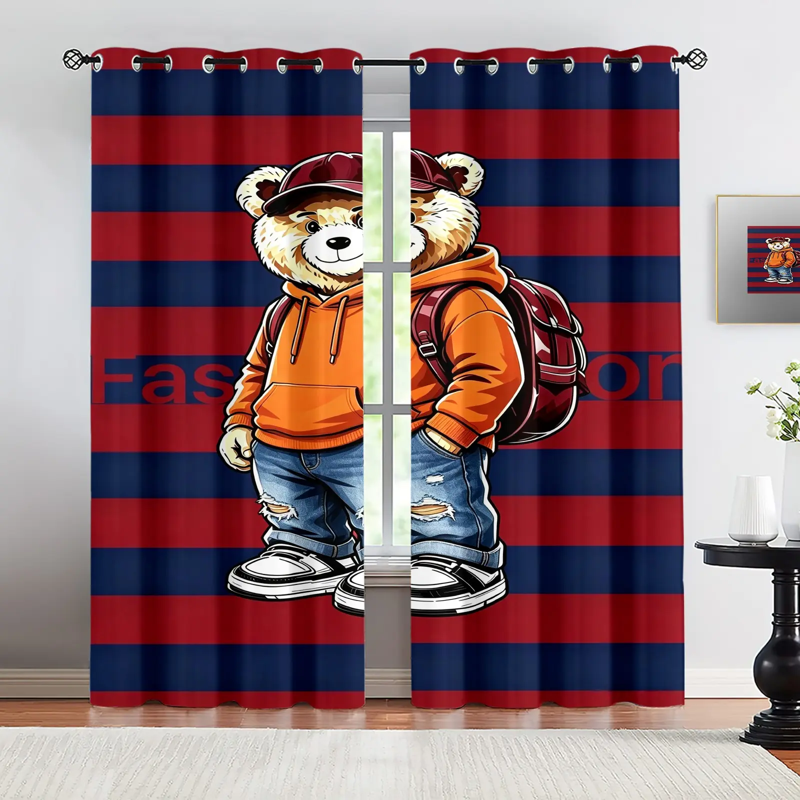 Handsome teddy bear print pattern, 2 curtain sets, suitable for living room, balcony, and bedroom windows, perfect for home, seasonal, holiday room decoration