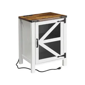 Barn Door Side Table, Vintage Smoked Wood and White, Iron Mesh, Charging Station, 18x18x24 Inches