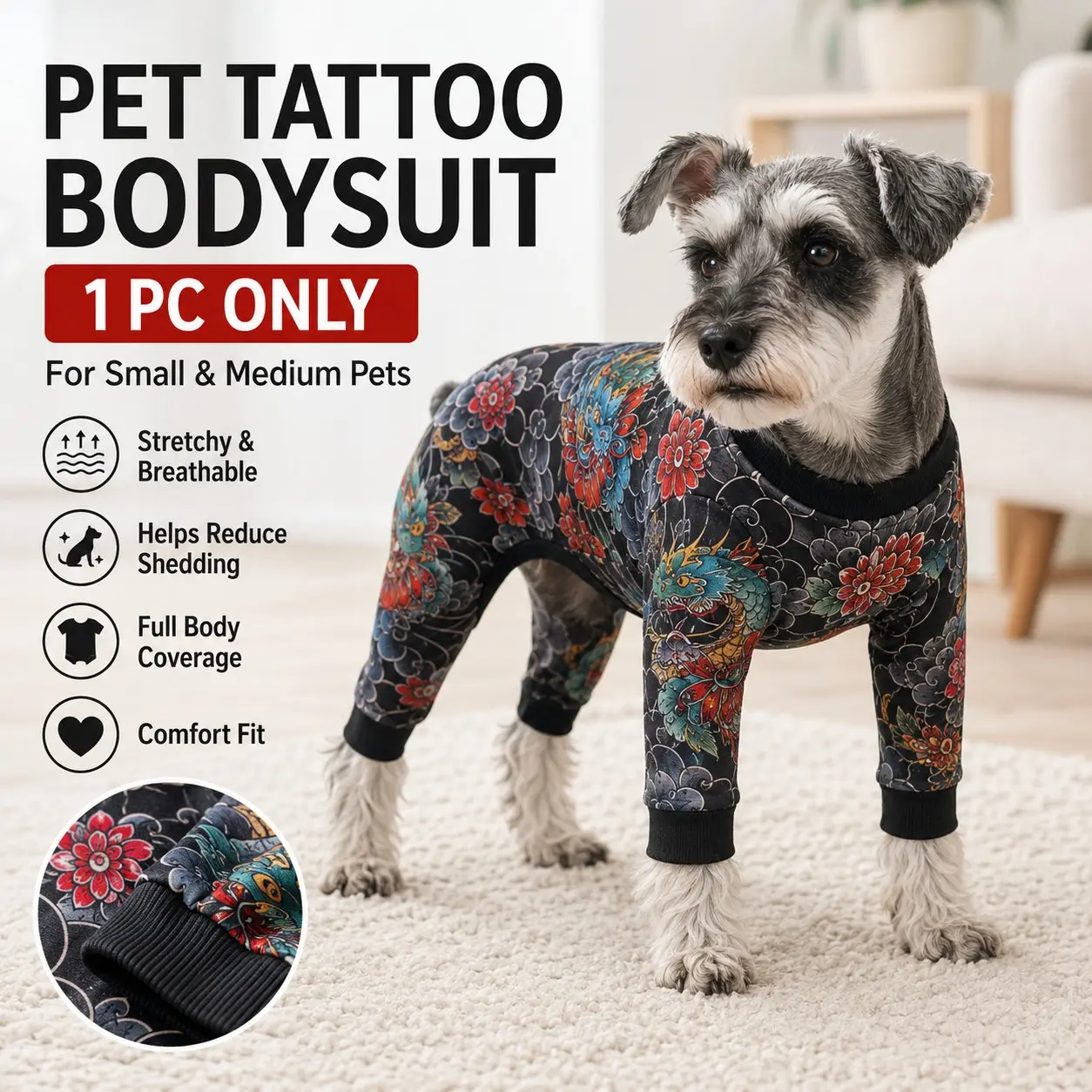 Pet Tattoo Print Bodysuit, 1 PC Stretchy Breathable Four-Leg Pet Pajamas Husky Clothes for Small and Medium Dogs and Cats