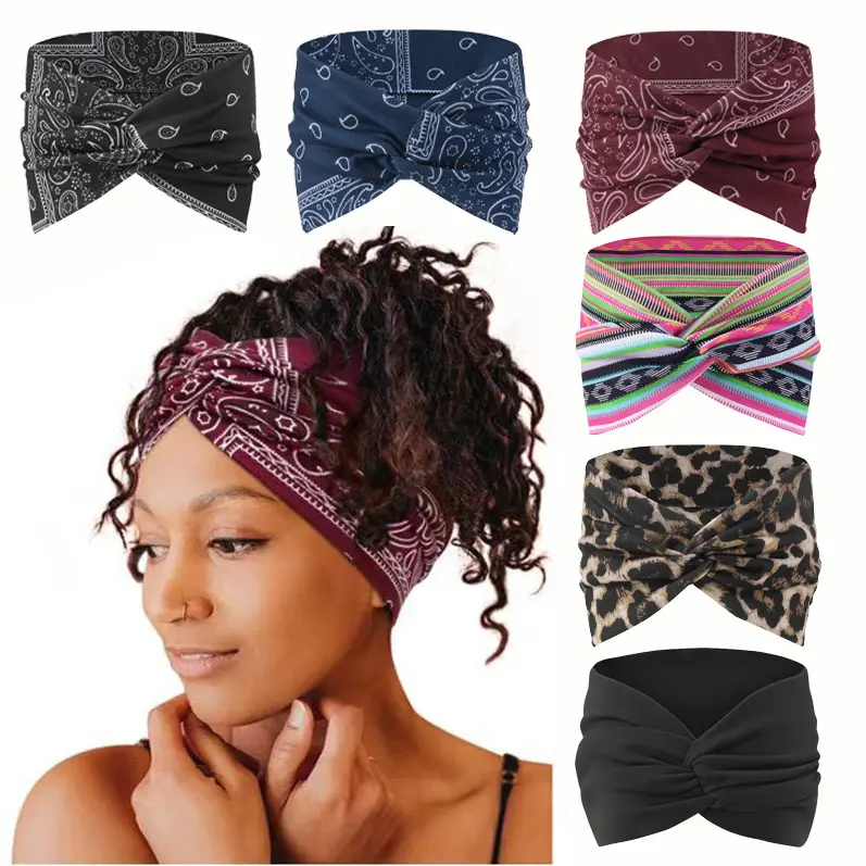 6PCS Wide Headbands for Women Girls, Soft Stretchy Sports Sweat Bands, Non Slip Wide Elastic Headbands, Twist Knotted Cotton Turban Boho Hair Accessories for Workout Running Gym Spa