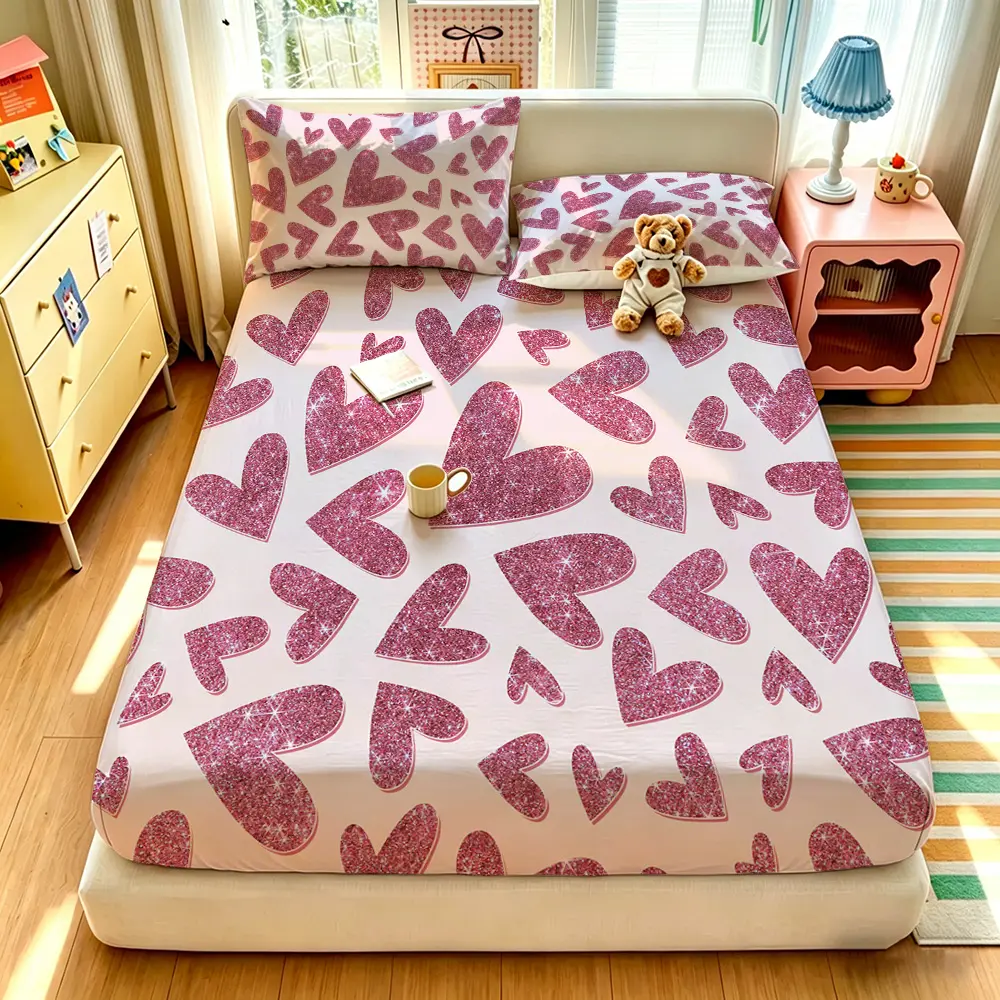 3pcs Pink Glitter Heart Pattern Printed Fitted Sheet Set, 1 Fitted Sheet & 2 Pillowcases, No Insert, Soft Comfortable Bed Cover, Deep Pocket Design, Suitable for All Rooms, Soft Comfy Bedding