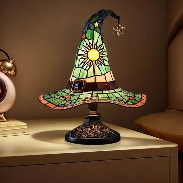 Wizard Hat Tiffany Stained Glass Table Lamp, Vintage Carved Base Warm Ambient Night Light for Bedroom Decor Halloween & Creative Gift