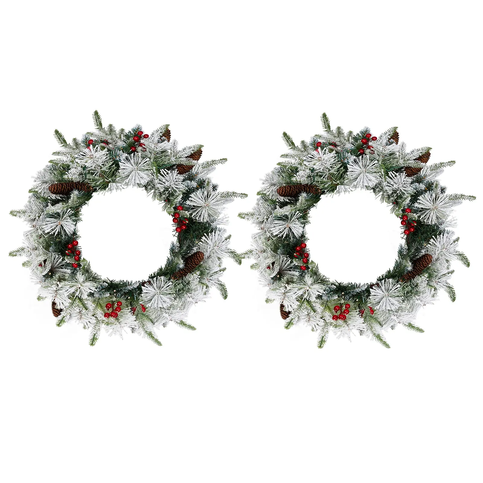 2-Pack 18" Pre-lit Snow Flocked Christmas Wreaths with 60 Warm LED Lights & Red Berries