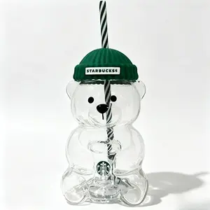 591ml Bear-Shaped Glass Cup with Lid & Straw |   Thick Glass | Starbucks Bearista Cup Tumbler Reusable Coffee Mug Water Bottle Washable Portable Insulated Drinkware for Daily Use Travel Office