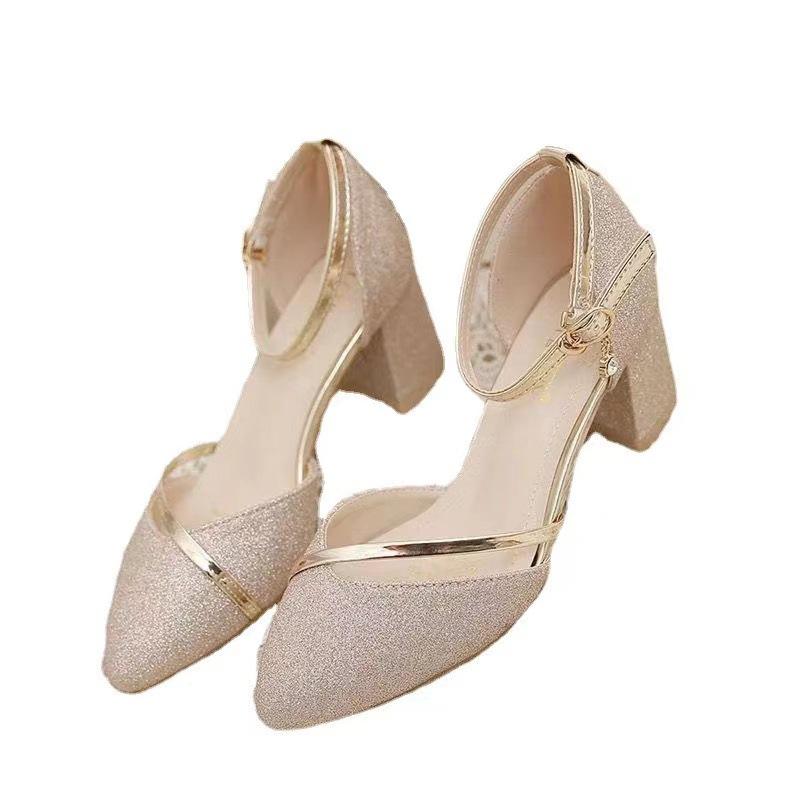 Spring Women Korean Style One Strap Closed Toe Sandals Chunky High Heels Pointed Toe Hollow Design Comfortable Feet Spring Women Korean Style One Strap Closed Toe Sandals Chunky High Heels Pointed Toe Hollow Design Comfortable Feet