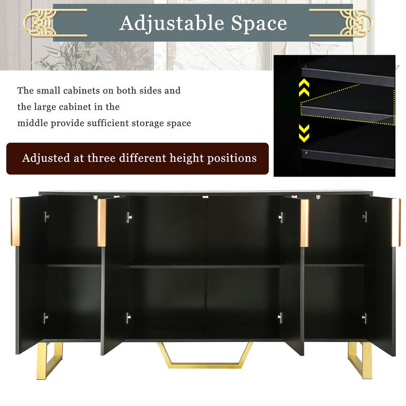 [Bellemave]TREXM Modern sideboard with Four Doors, Metal handles & Legs and Adjustable Shelves Kitchen Cabinet (Black)