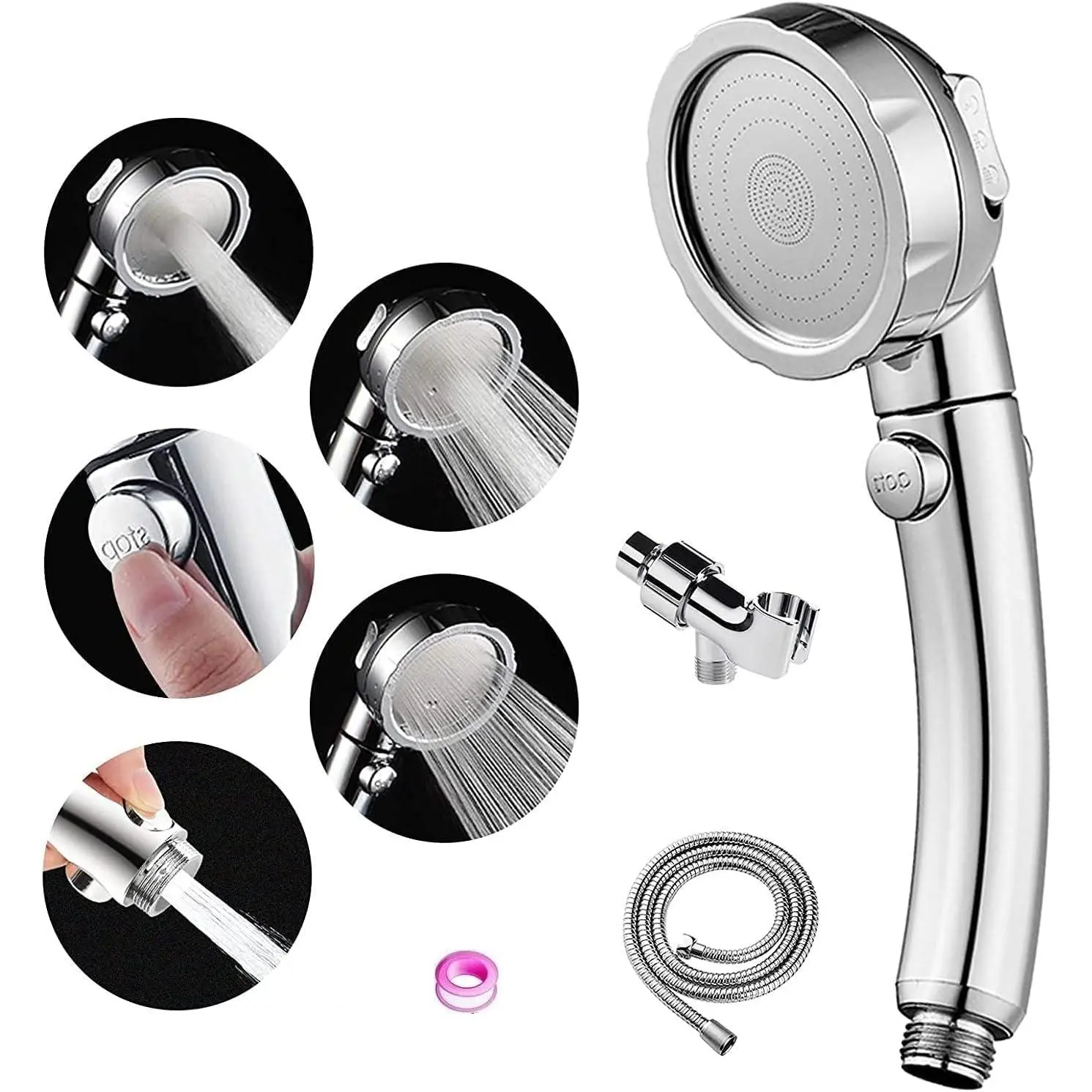3-Spray Shower Head with, ON/OFF Switch, Detachable Shower Arm, and Multi-Functional Saving Kit| with 59-Inch Hose, Detachable Shower Arm, High Pressure Saving, ON/OFF Switch, 3 Spray Modes
