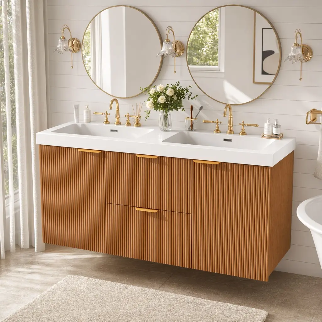 ARCH 47.24-Inch Wood Wall-Mount Double Sink Bathroom Vanity Floating Cabinet Combo Item, SMC Top, MDF Wood Grain Melamine Finish, Soft-Close Doors, Divided Drawers, Modern Storage, Color Options, 19.69 w x 47.24 d x 23.62 h in, Assembly Required