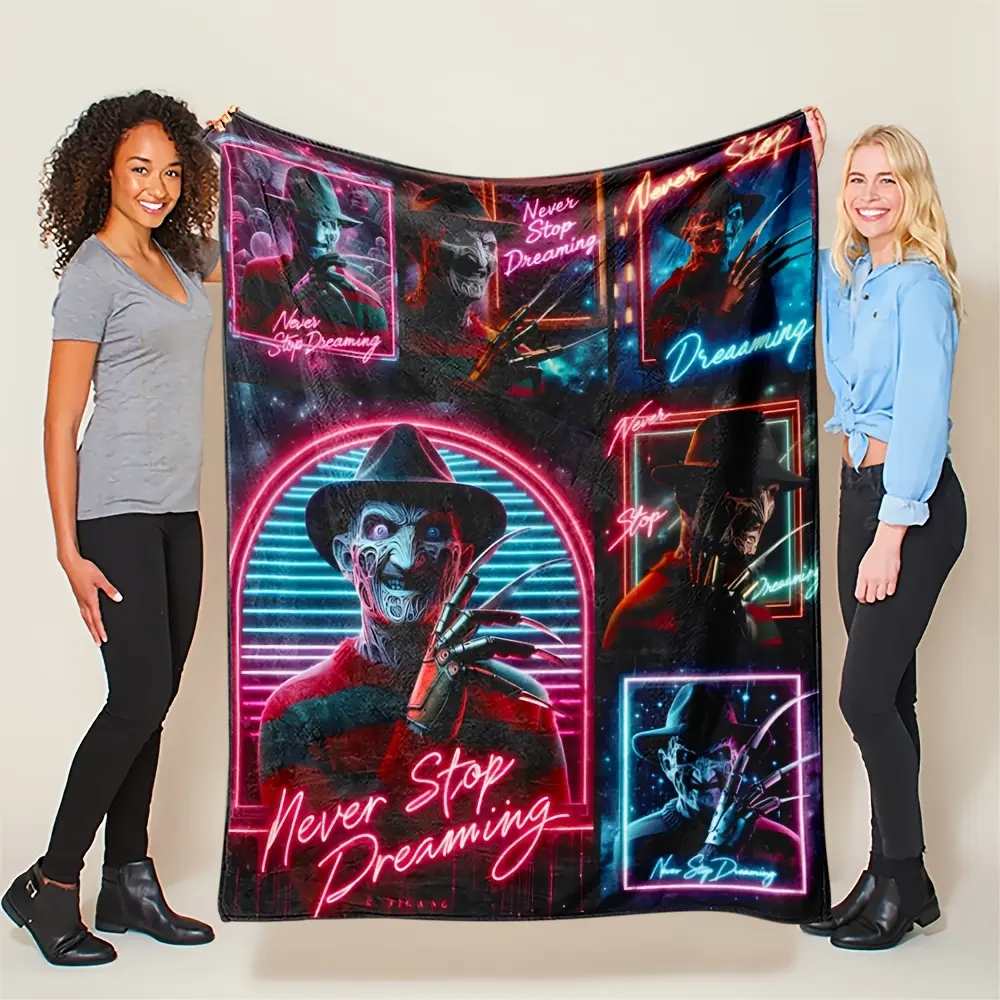 1pc Freddy Krueger Neon Collage Flannel Throw Blanket Never Stop Dreaming Nightmare On Elm Street Soft Fleece Blanket Sofa Bed Cover Horror Fan Gift
