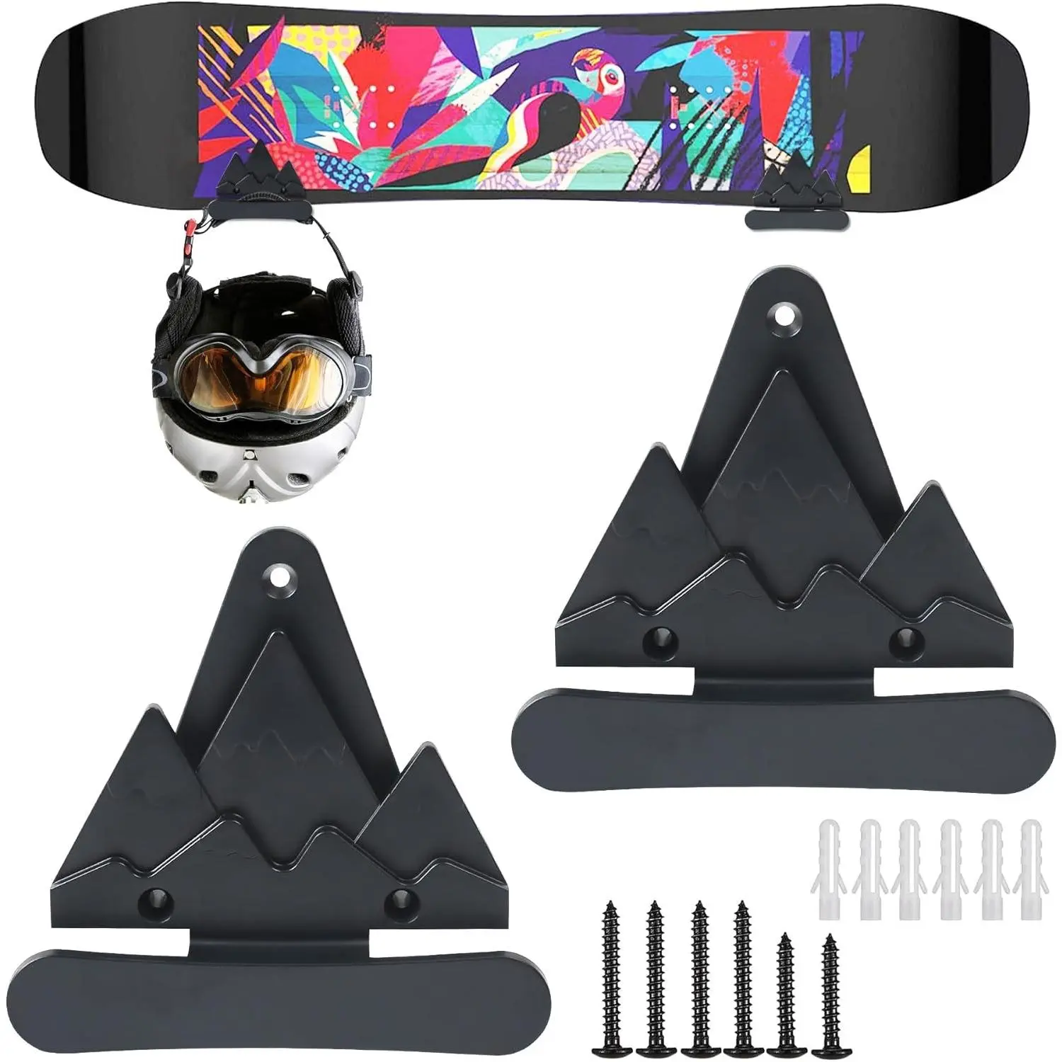 2pcs Snowboard Wall Mount with Hooks, Snowboard Skateboard Hanging Wall Rack, Garage Storage Brackets, Snowboard Display Stand, Wall Art (Black＆White)