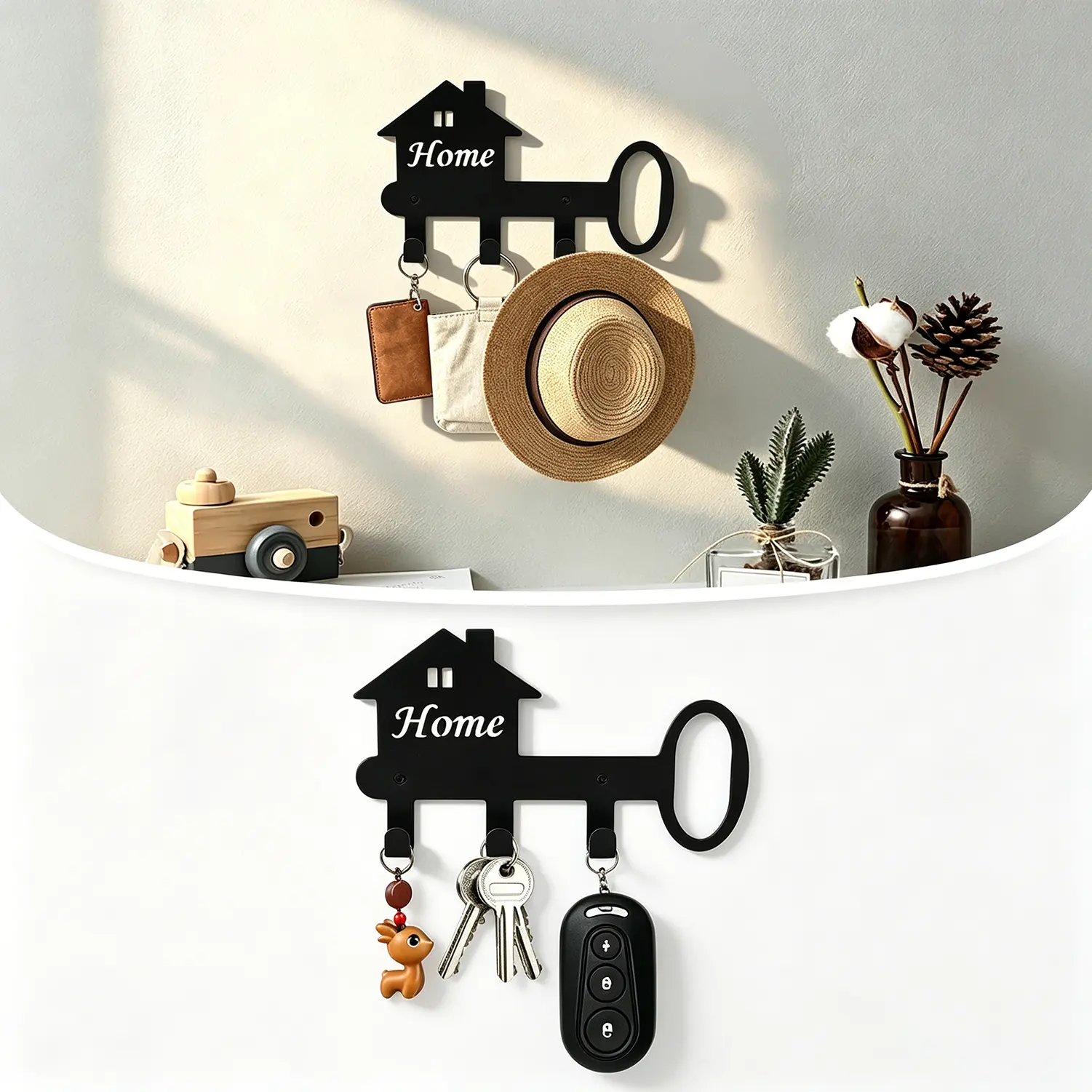 Cute House Shape Metal Multifunctional Key Holder Wall Mount, 3 Hooks Matte Black "Home" Key Rack Organizer, Decorative Small Key Hanger for Entryway Kitchen Office, convenient coathook