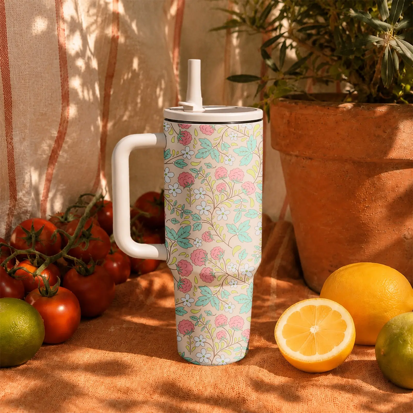 1PC Floral Garden 40oz Tumbler Cup with Handle, Aesthetic Insulated Stainless Steel Water Bottle with Straw, Cute Cottagecore Coffee Mug for Girls, Large Travel Cup for Summer, Work, Gym, Car & Daily Use, Daily Carry Tumbler