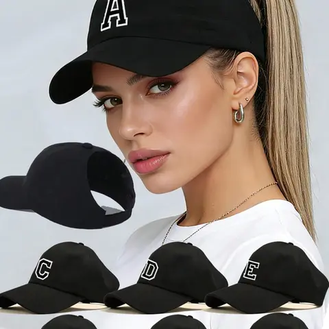 A-Z Initial Letter Ponytail Baseball Cap for Women, Summer Sun Protection Visor Hat, Casual Hat, Adjustable High Bun Dad Hat