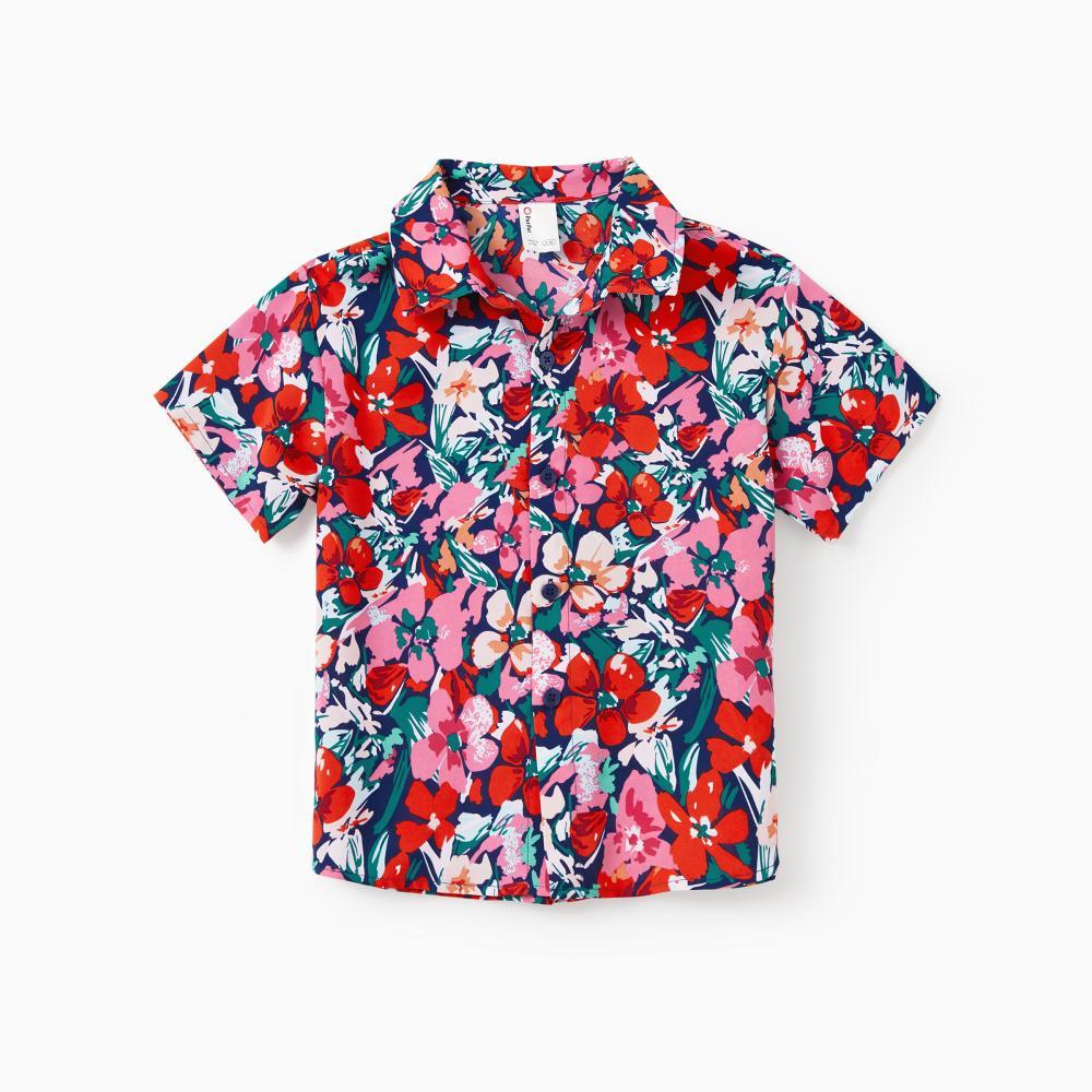 PatPat Family Matching Floral Print Short-sleeve Shirt or Off Shoulder Smocking Dresses Set Spingtok