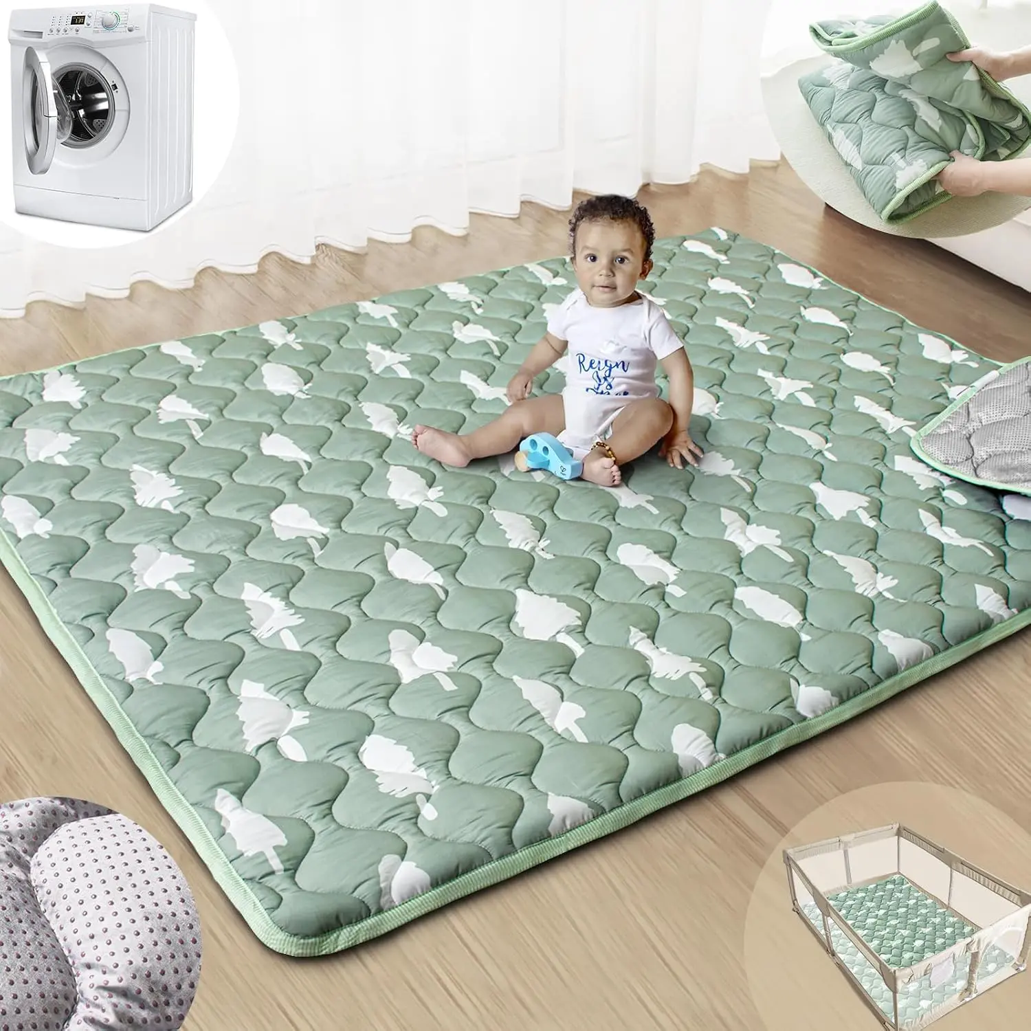 Baby Play Mats  Floor, 71"x59" Upgraded Thickness & Larger Super Soft Playmat  Babies and Toddlers, Foldable Washable, Upgrade Anti-Slip Crawling Mat  Playpen(Trees)