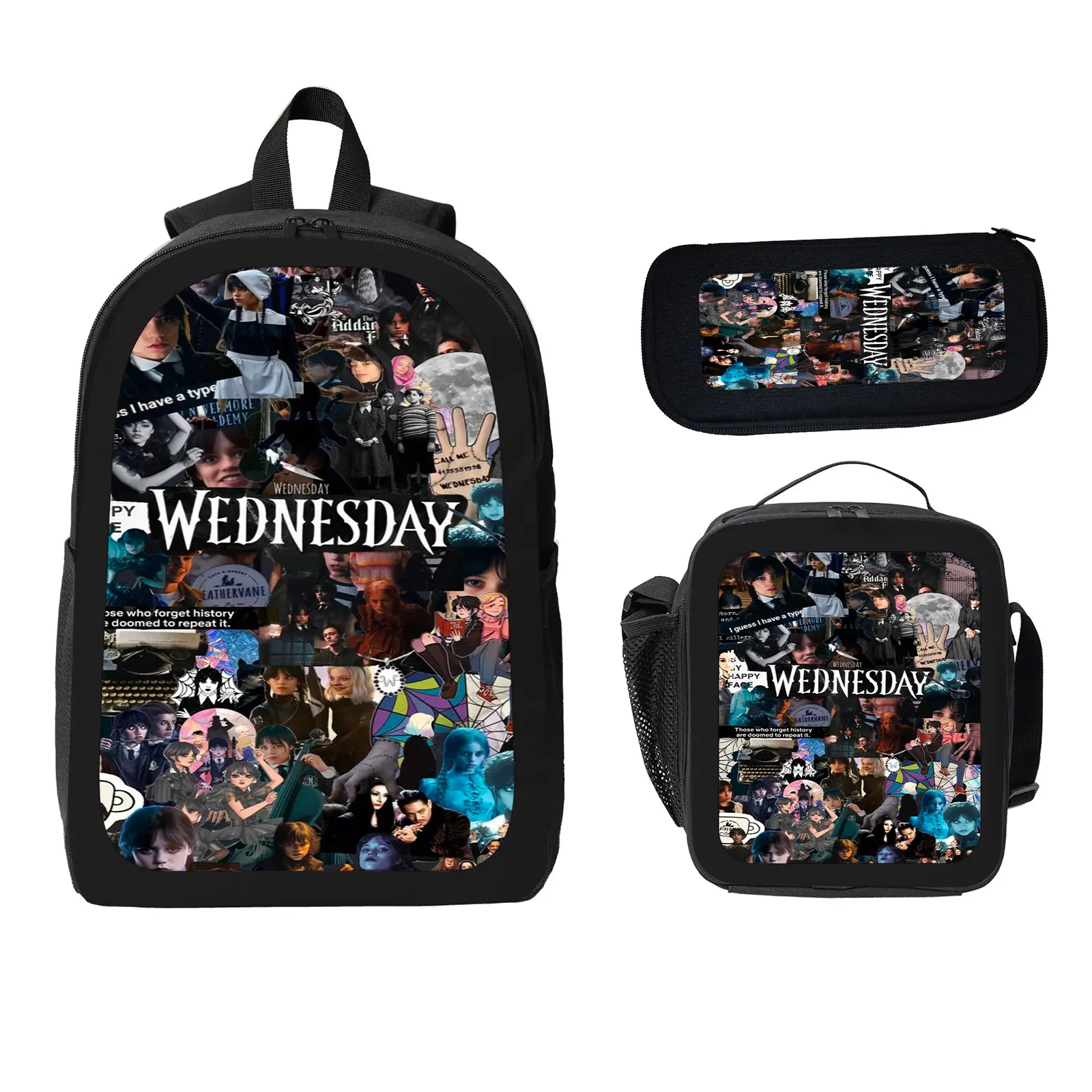 Wednesday Kids' 3-Piece School Backpack Set, Large Capacity Water-Resistant Bookbag with Insulated Lunch Bag & Pencil Case for Elementary-Middle School Students b-84, Set Pack