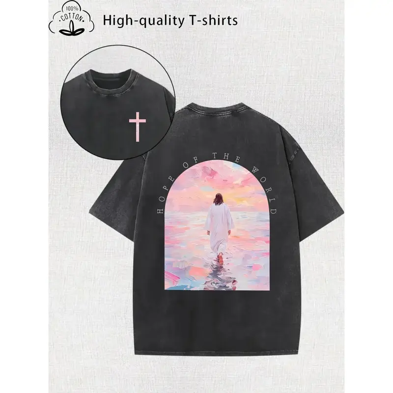 Women’s Retro Washed Graphic T-Shirt, 210G Thick Cotton Blend Tee, Vintage Streetwear Crew Neck Short Sleeve Top, Loose Fit Casual Shirt for Spring/Summer, Turn Inside Out Before Washing