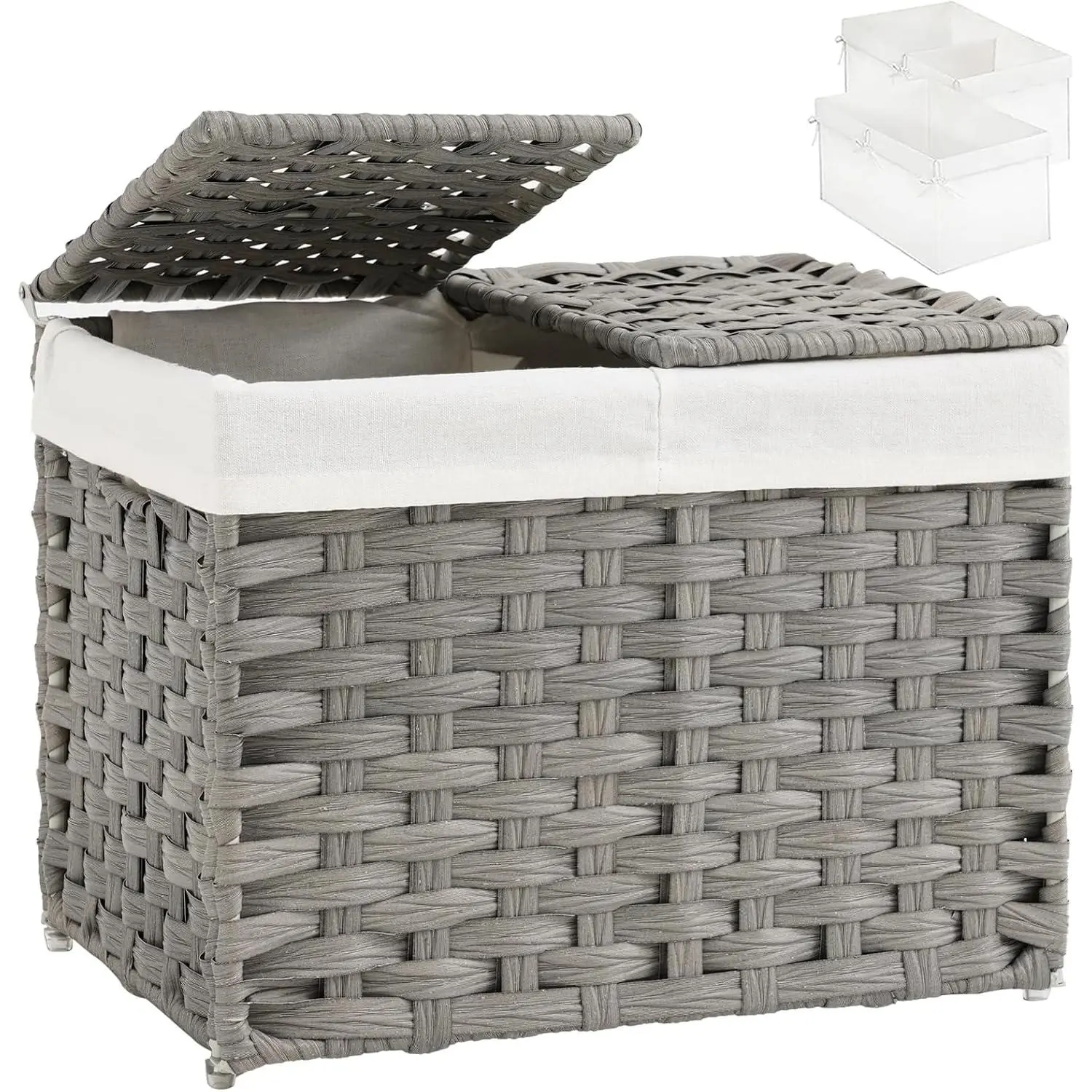 Storage Basket with Lid Woven Wicker Baskets with 2 Separate Lid, 9.2 Gallon (35 L) Wicker Storage Bins with Handles, Foldable and 2 Removable Liner Bags for Bedroom, Laundry Room Gray