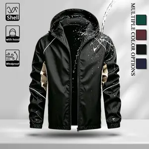 Men Adjustable Drawstring Hood Casual Jacket, Windproof Durable Light Fabric Full Zip Outerwear with Contrast Side Panel & Thin White Piping Trim, Elastic Cuffs Zipper Side Pockets, Loose Fit Coat for Sports Hiking Daily Travel, Multiple Neutral Tone Opti