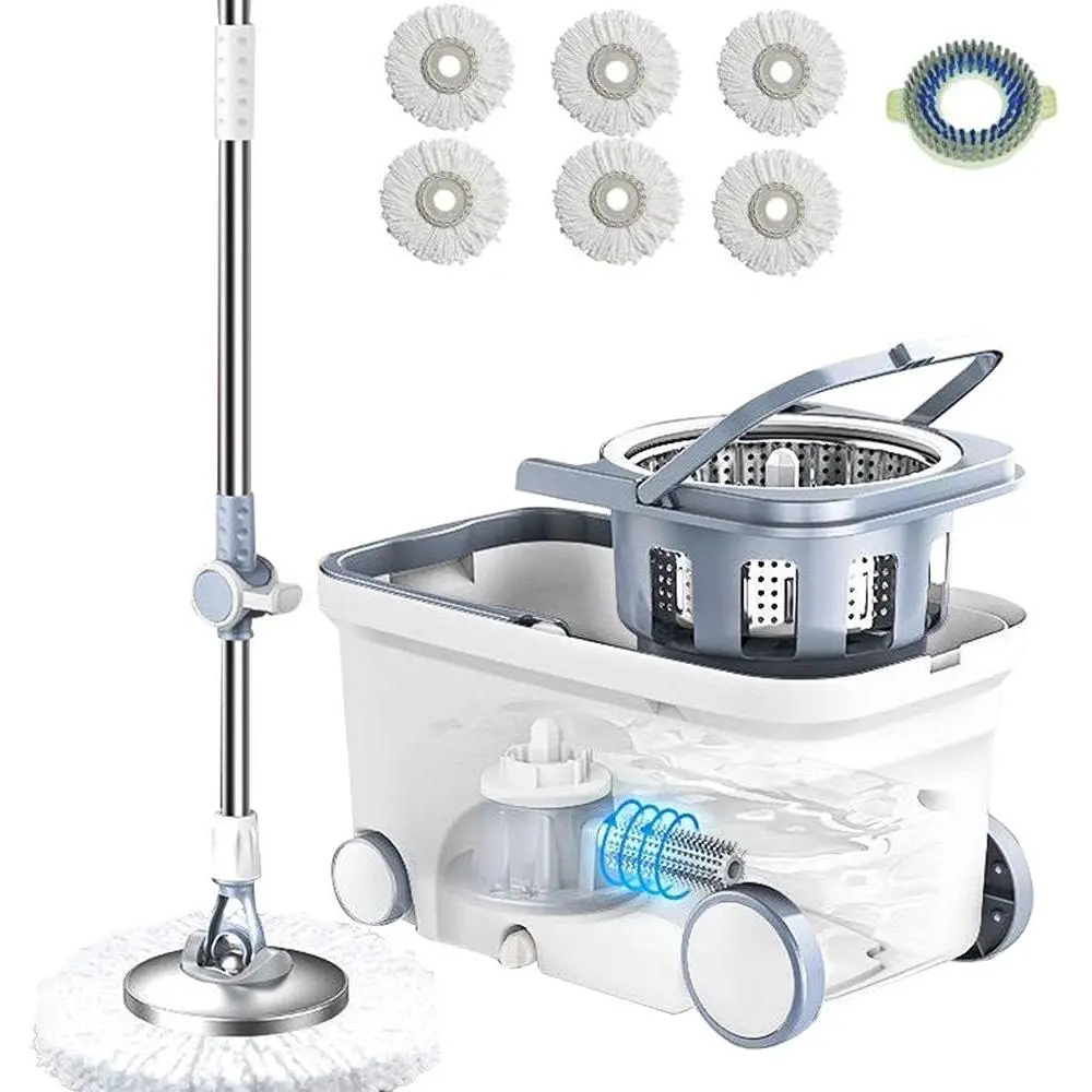 Spin Mop Bucket Deluxe 360 Spinning Floor Cleaning System | with 6 Microfiber   Refills,62" Extended Handle,4X Wheel for  Cleaning