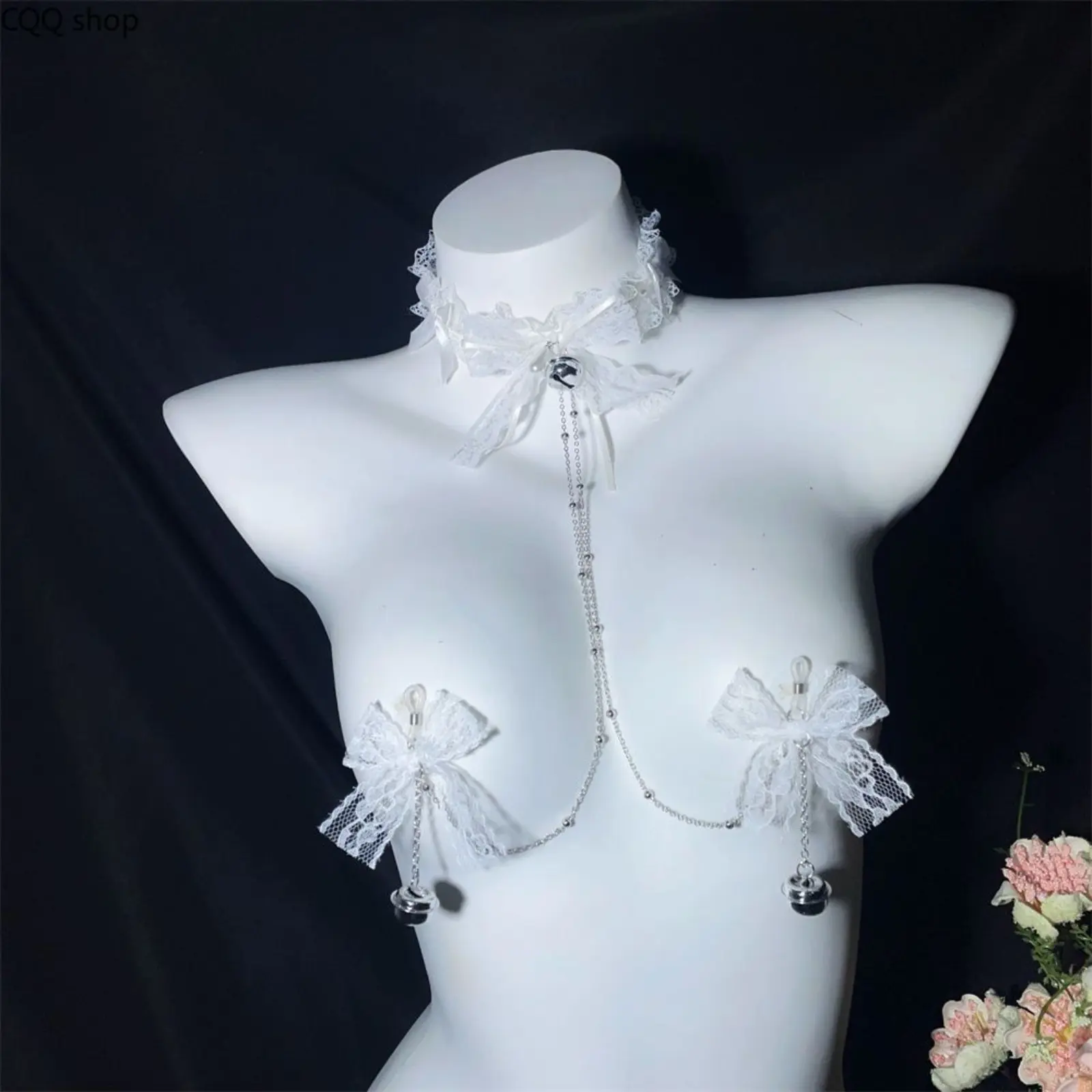 White Lace Bow Integrated Choker Body Jewelry, Minimal Luxury Women Aesthetic Chest Accessory, Soft Girly European Style Independent Pack For Rave Club Festival Night Party Outfits