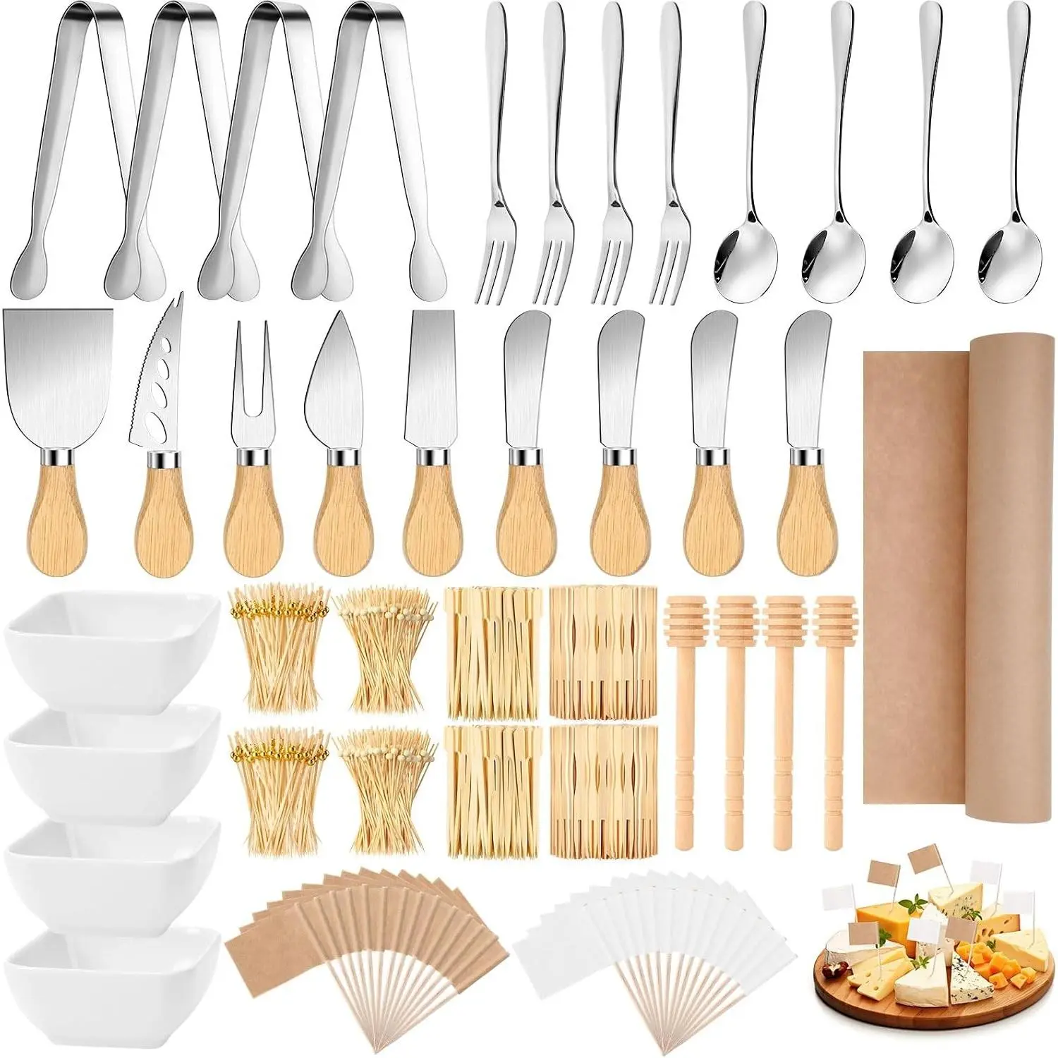 270 Pcs Charcuterie Board Accessories Charcuterie Utensils Cheese Spreader Knife Set Butcher Paper Roll Serving Tong Fork Spoon Dipping Bowl Cocktail Pick for Party Christmas Wedding (Silver)