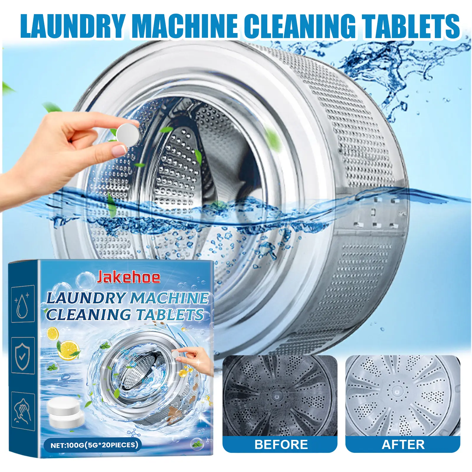 Jakehoe 100g Sodium Bicarbonate Washing Machine Effervescent Tablets - Household Multifunctional Cleaner, Household Odor Eliminator for Drum & Laundry Tub Cleaning, Dirt Removal & Fragrance Boosting, Odor Removal