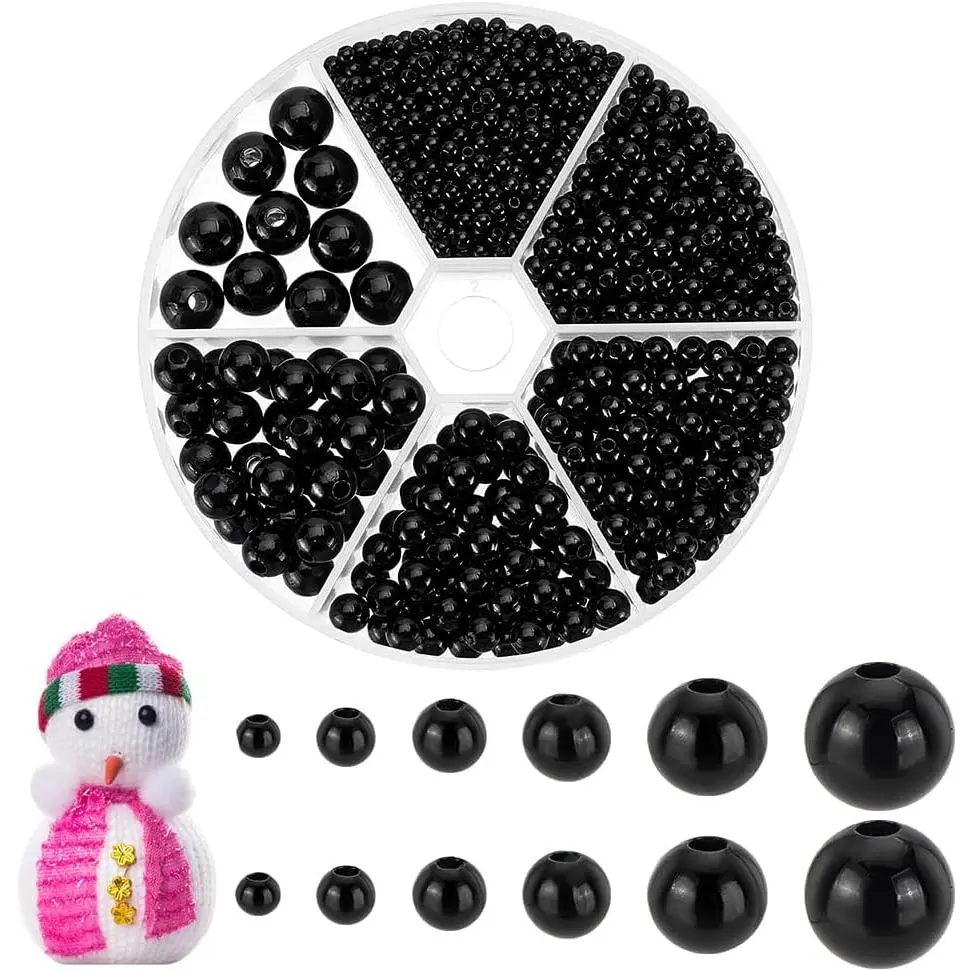 Black Round Beads, 6 Sizes(3/4/5/6/8/10mm), 1070 count | ABS Plastic , Smooth Spacer Beads, Satin Luster Craft Bead, For Bracelet Necklace Earring  Making