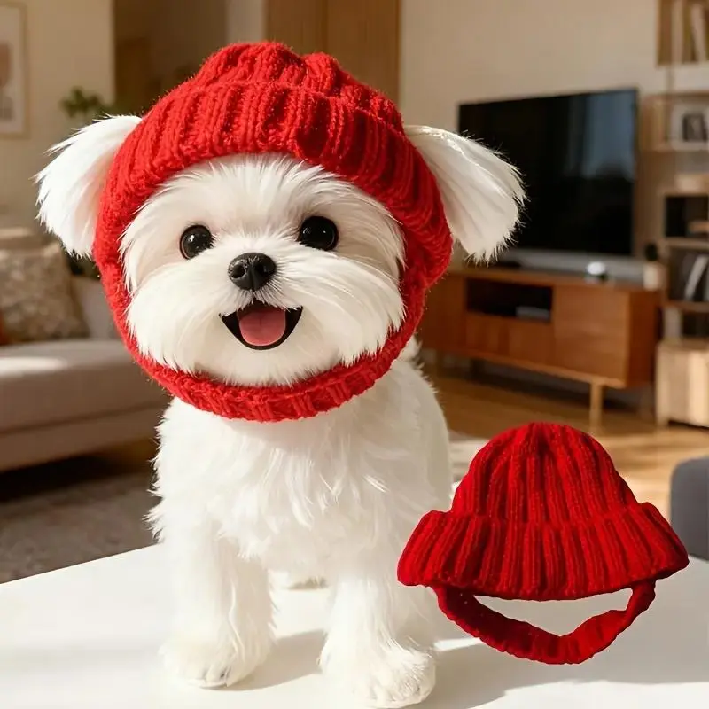 Dog Beanie Hat with Ear Flaps | Soft Washable Small Dog Cap for Indoor Outdoor Use | Red Knit Pet Winter Hat