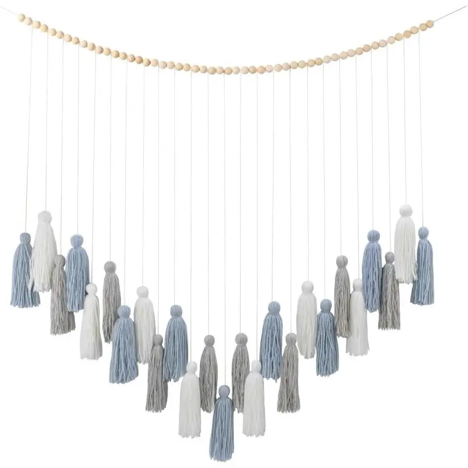 Dusty Blue Boho Macrame Garland Wall   |  yarn banner for classroom, dorm, reading corner and coastal styling. Pre-assembled, lightweight, .