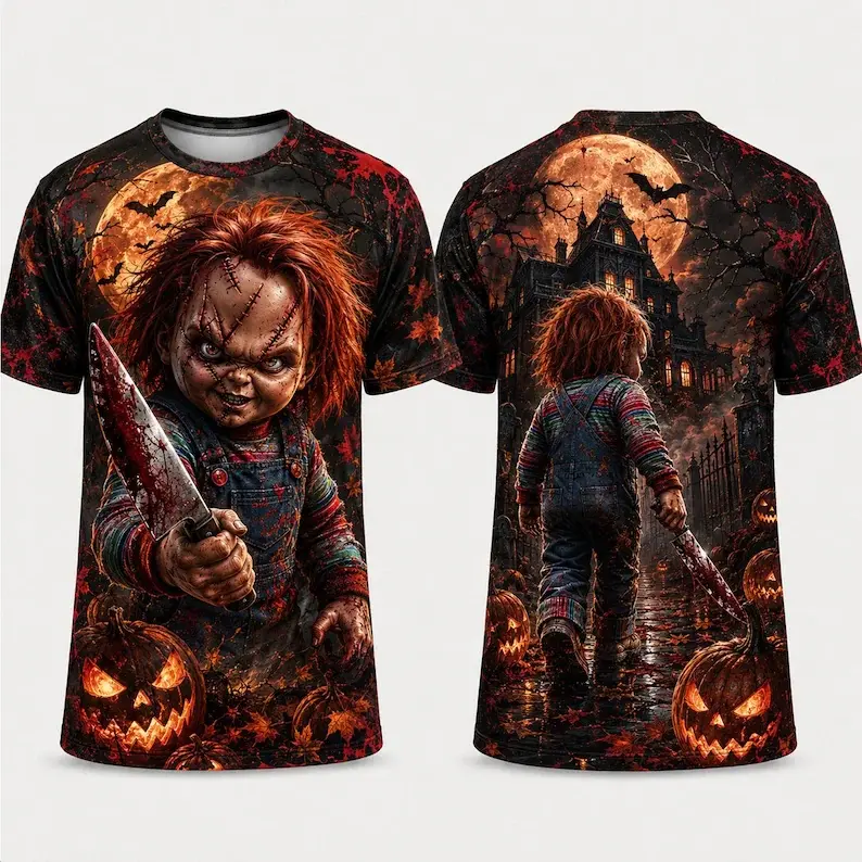 Classic Horror Movie Characters Halloween All Over Print Shirt, Horror Doll Pumpkin Knife Haunted House 3D Tee Gift For Him
