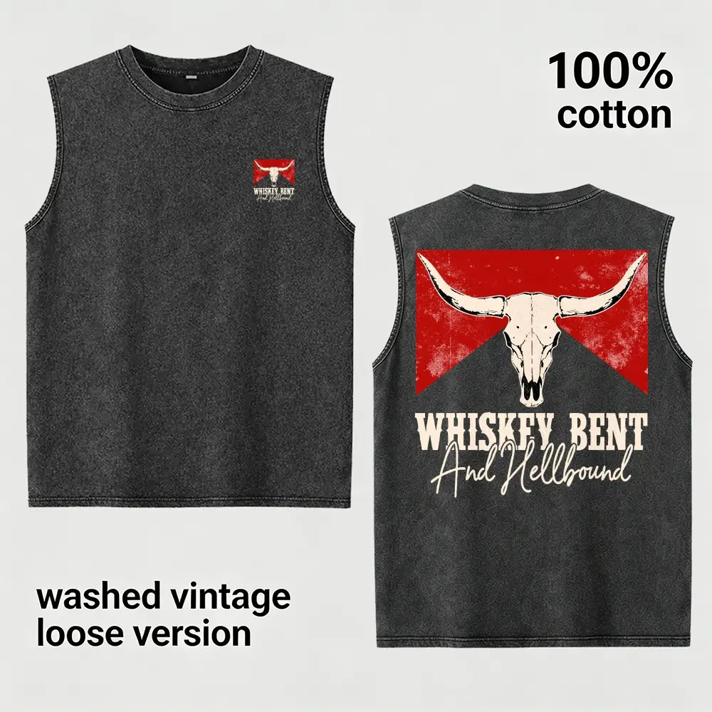 Whiskey Bent And Hellbound Longhorn Skull Washed Vintage Sleeveless T Shirt 100% Cotton Loose Top Men Clothing Gift For Dad Husband Boyfriend Family Father Day TikTok Trend