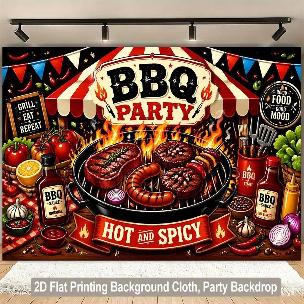 2D Flat BBQ Party Themed Polyester Photography Backdrop for BBQ Enthusiasts, HD Digitally Printed Soft Lightweight Foldable Outdoor Cloth, Suitable for Backyard Gatherings, Party Decorations