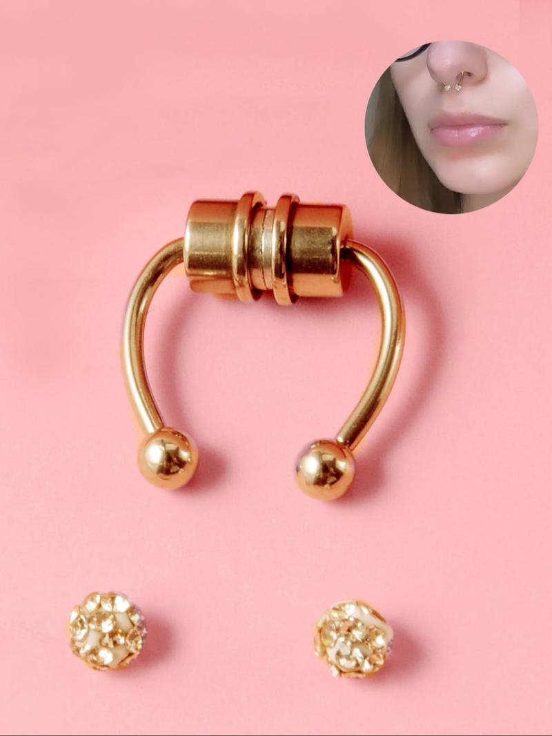 Body No Piercing Jewelry, Magnetic Nose Rings with Rhinestone Decorated Replacement Head, Magnetic Nose Cuff for Men & Women, Nose Rings Hoops