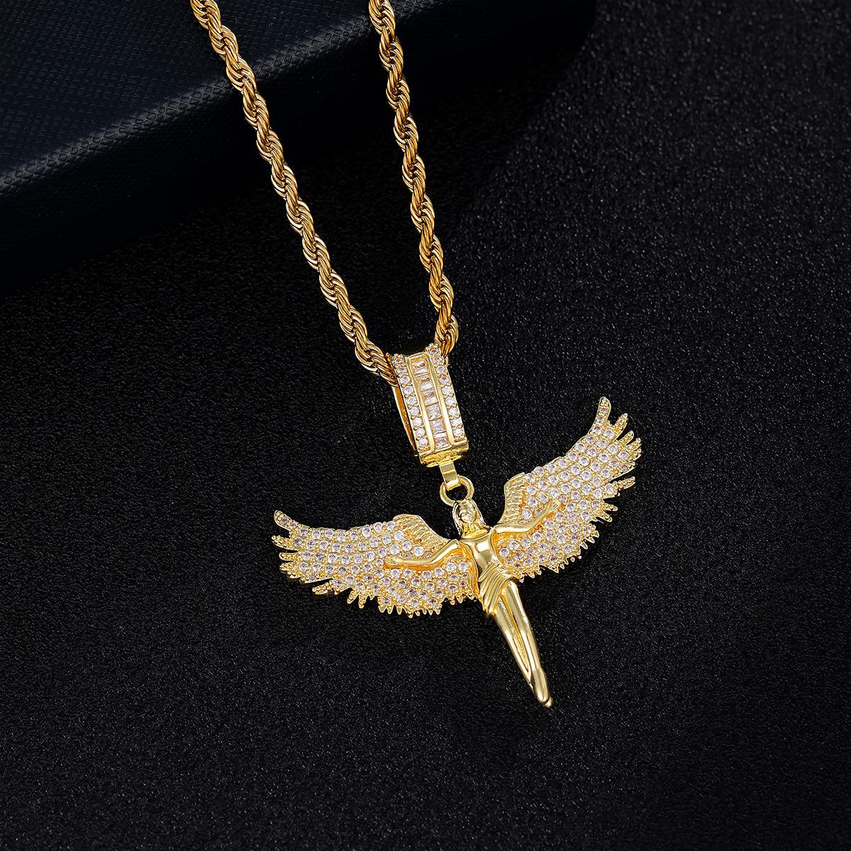 Full of Diamonds Angel Muse Spreads Wings Three-dimensional Feathers Fallen Angel Pendant | Hip Hop Trend Sweater Chain for Men and Women | Dainty Gold Initial Letter Necklace | Stylish Daily Wear Jewelry & Perfect Gift for Him
