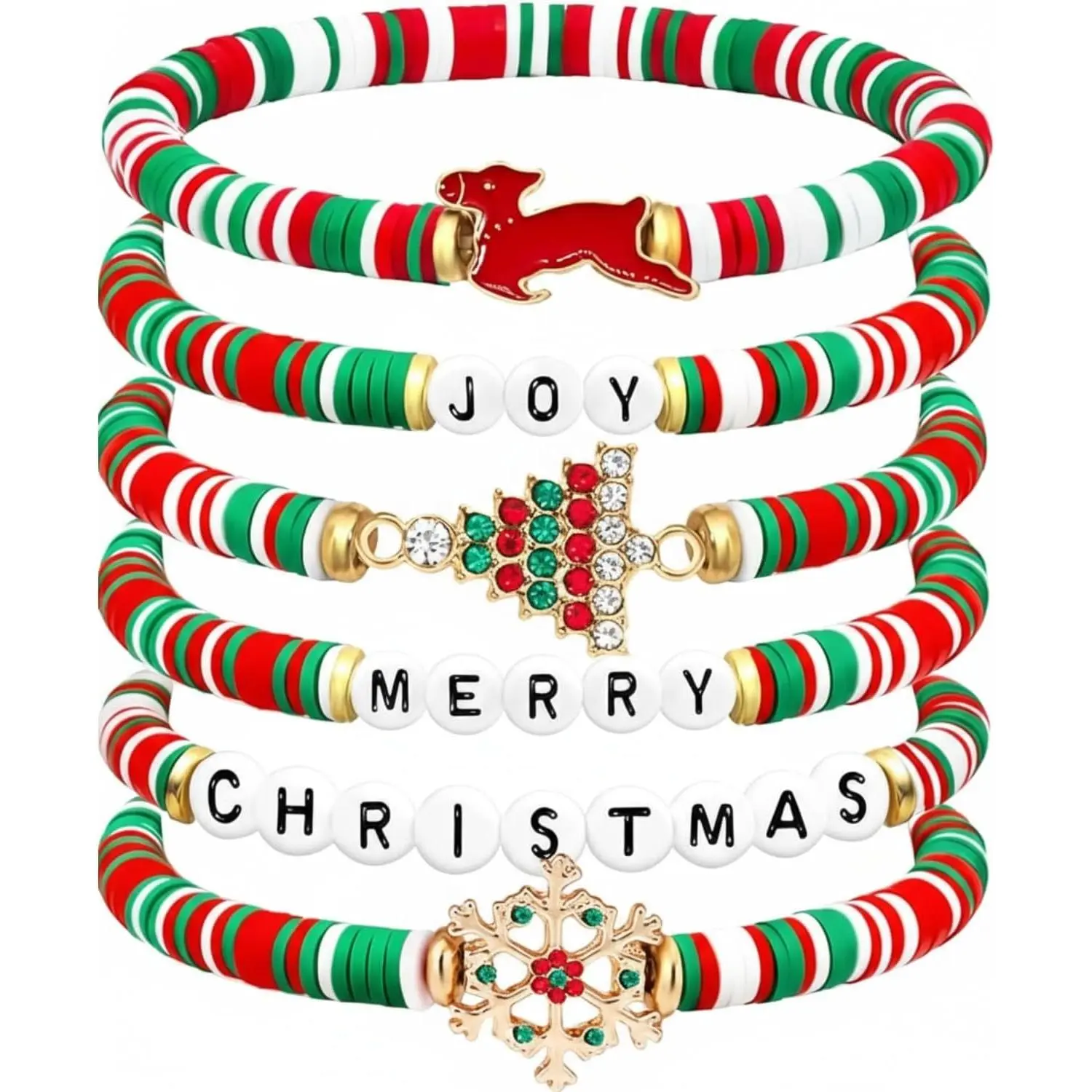 Christmas Stretch Bracelets for Women - 6 Pack Heishi Beaded Elastic Stackable Charm Bracelets with Reindeer Snowflake and Rhinestone Tree Metal Charms Holiday  and Stocking Stuffer
