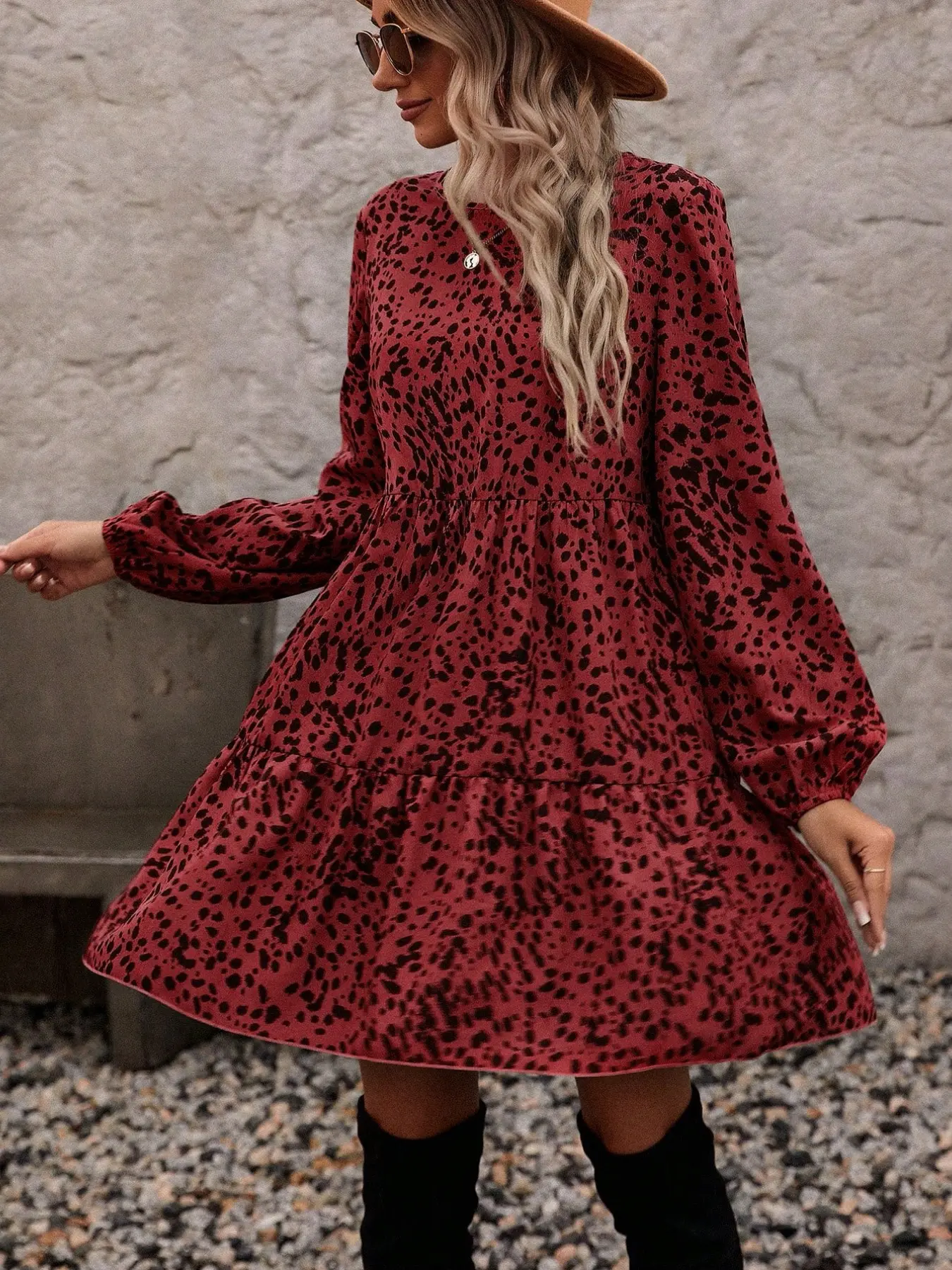 Women's Leopard Print Babydoll Dress, Casual Long Sleeve Tiered A-Line Dress, Bohemian Boho Fall, Western Cowgirl Style, Daily Wear