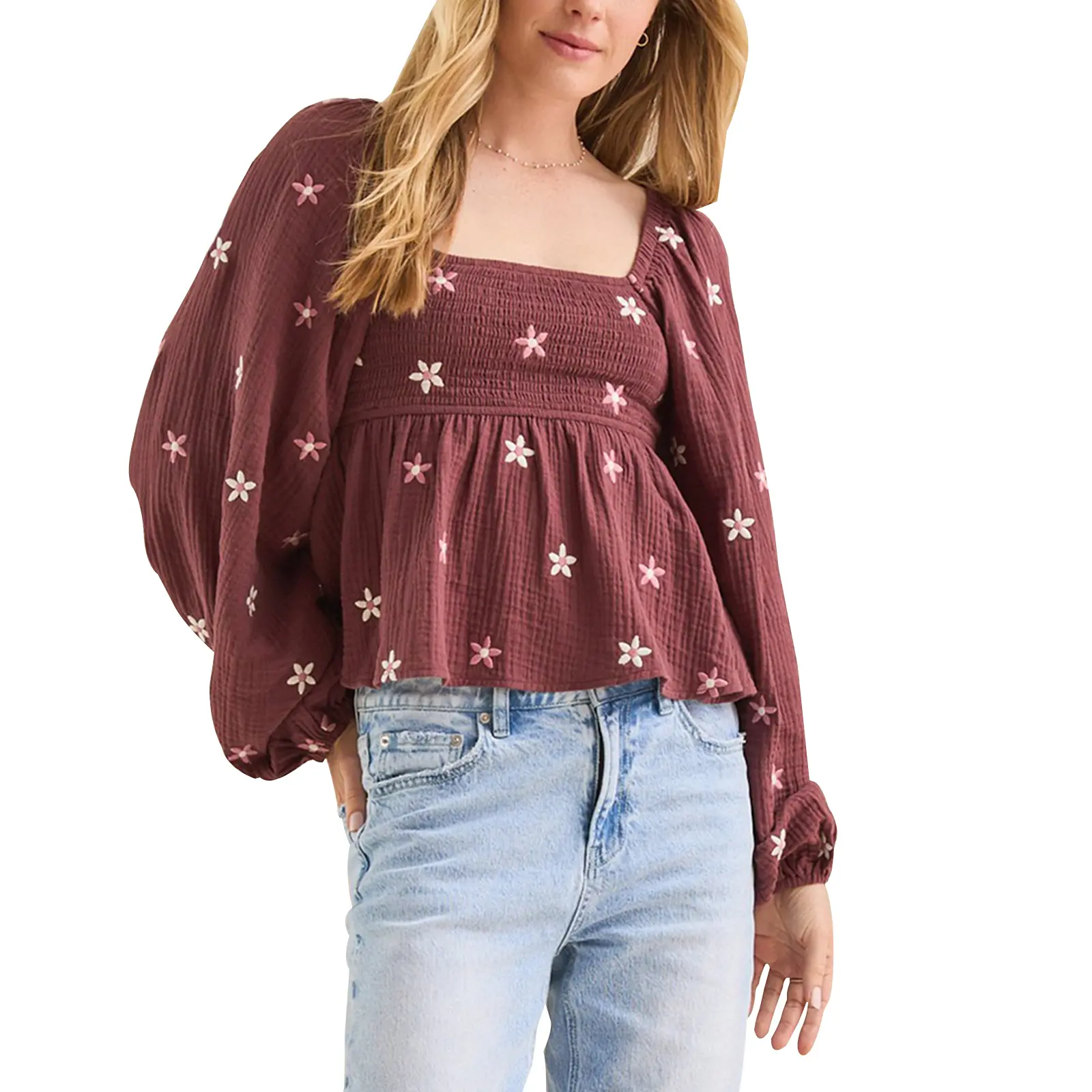 Women Floral Embroidered Blouses Long Balloon Sleeve Smocked Square Neck Vintage Casual Fall Tops
